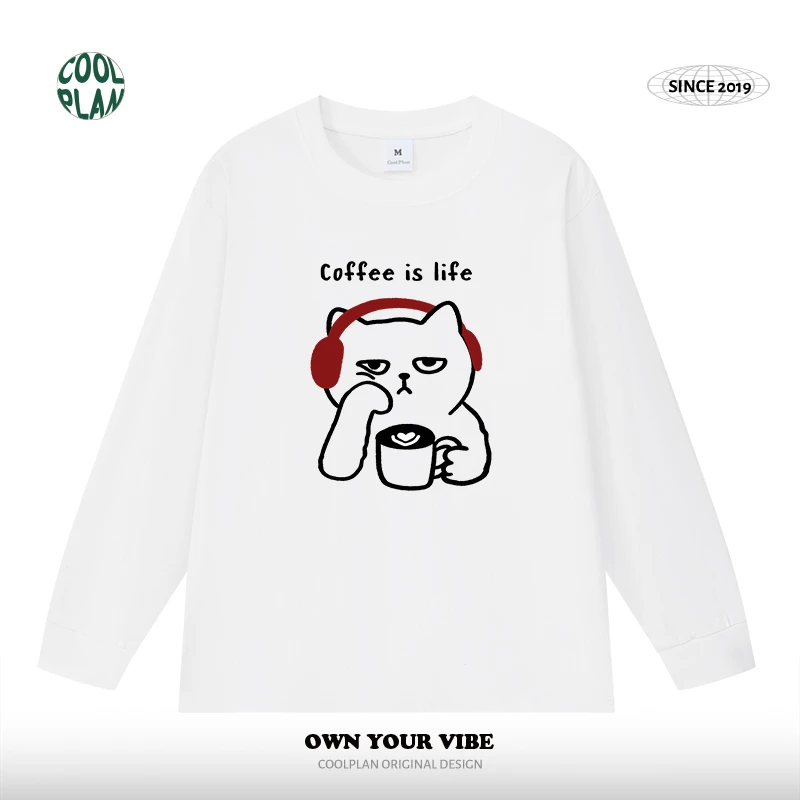 【喝咖啡的猫】美式手绘猫咪T恤慵懒松弛感趣味长袖侣秋冬男女