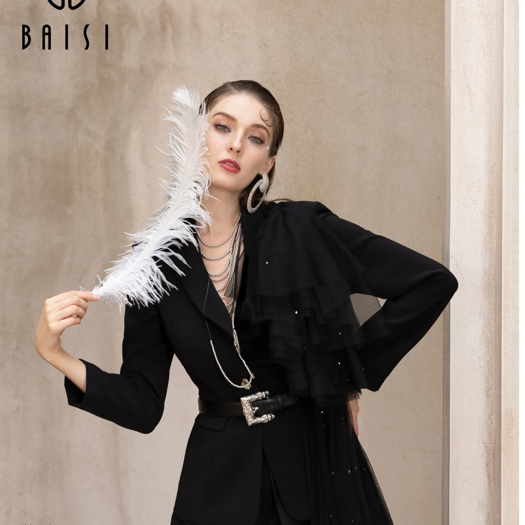 BAISI/百丝外套AABG508116A0修身型设计师黑色收腰名媛