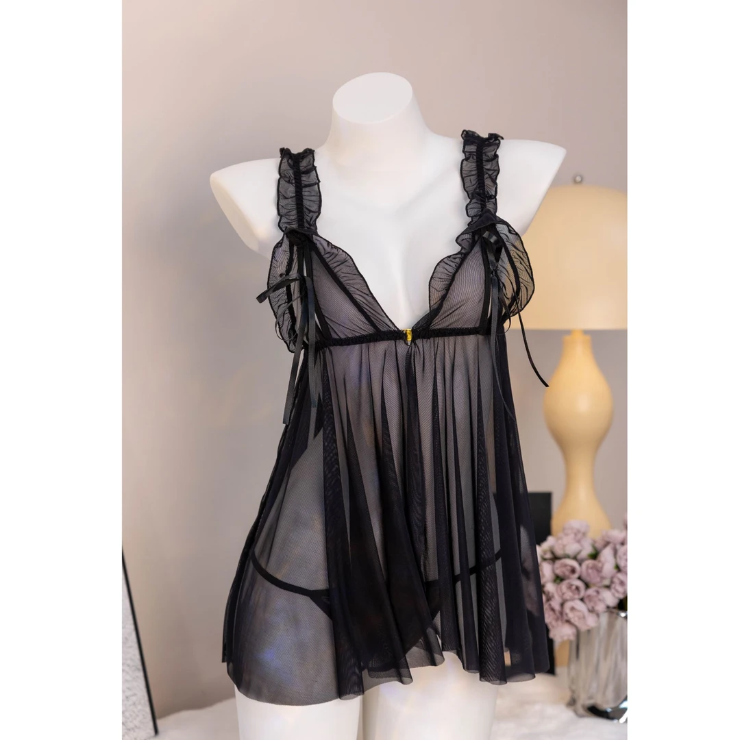 九汐  甜美性感V领双肩吊带木耳花边网纱蝴蝶结套装睡衣连衣裙