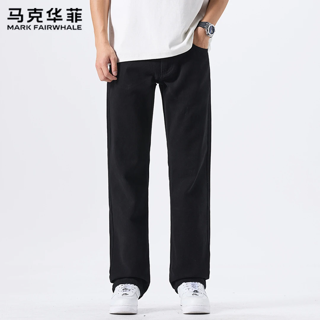 马克华菲纯黑色直筒牛仔裤男四季新款潮牌秋冬黑色宽松直筒牛仔裤