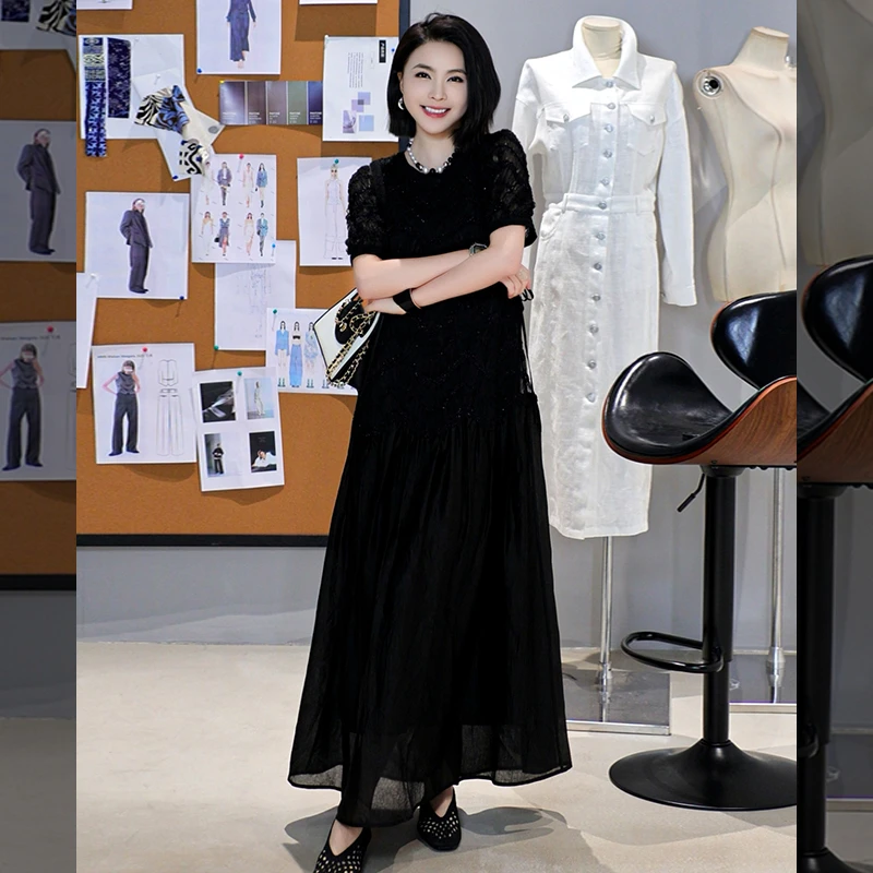 溶溶【星夜流转】RONGRONG圆领网纱编织拼接醋酸下摆连衣裙SL252125