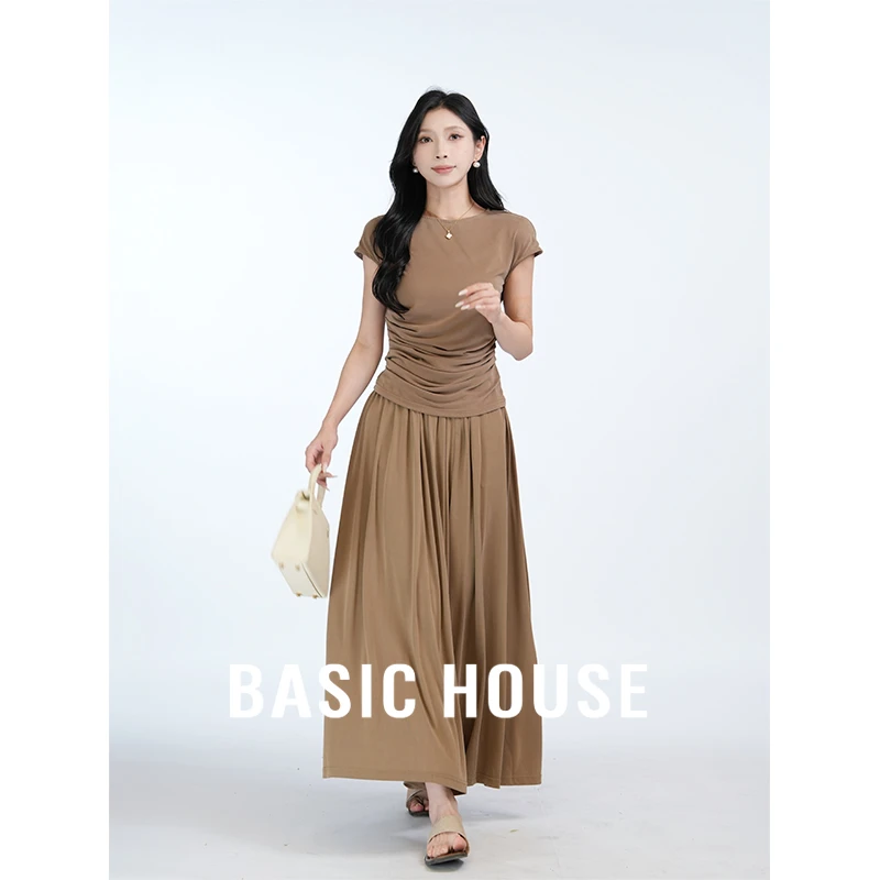 Basic House/百家好CSM优雅气质显瘦两件套女遮肉短袖上衣半身裙