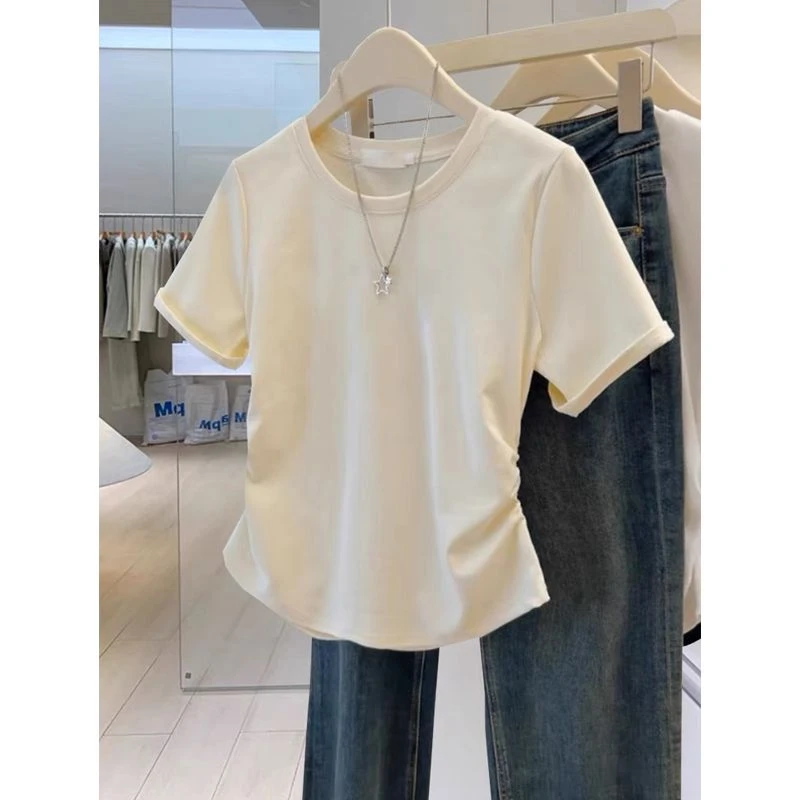 2025新款褶皱正肩圆领短袖t恤女设计感小众洋气杏色收腰上衣夏季