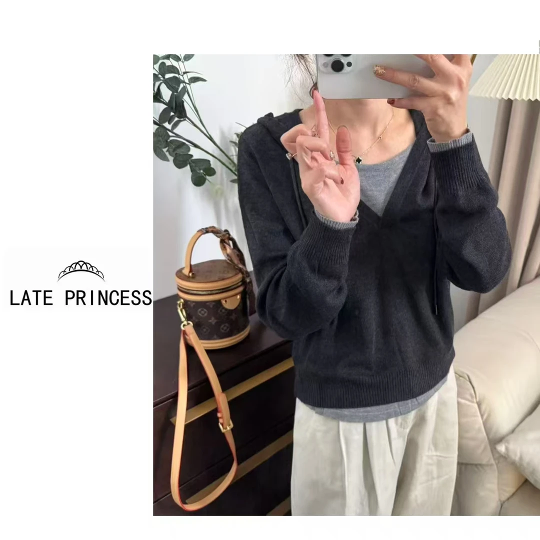 LATE PRINCESS【绒语】2025秋季新款连帽假两件百搭针织卫衣