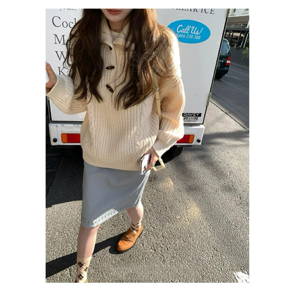 甜粿妹妹 麻花针织毛衣套头纽扣高领2way休闲韩系上衣女