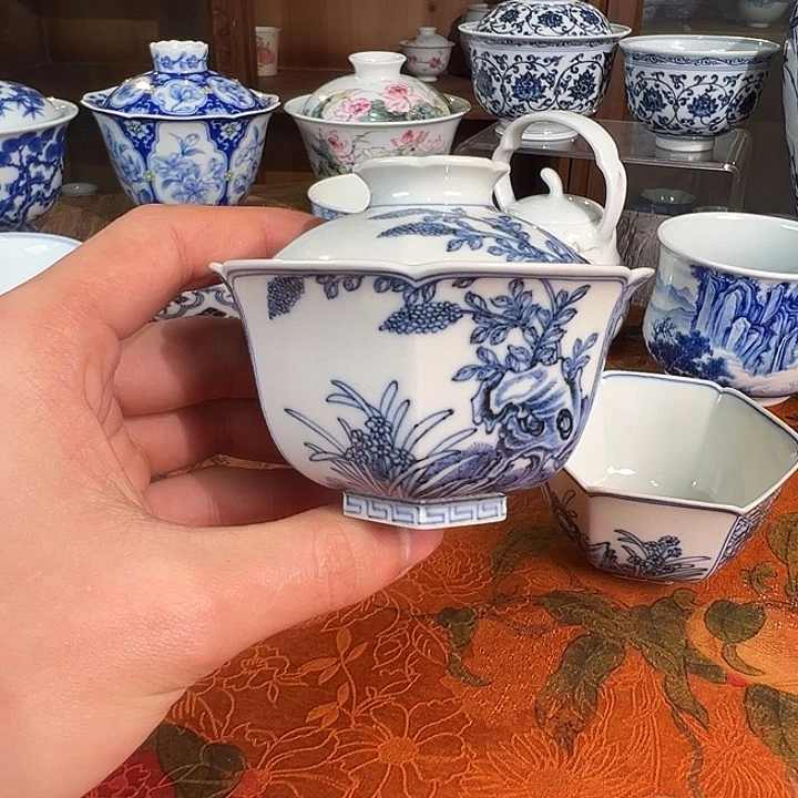 杯子陶元煦窑寿石水仙六方盖碗