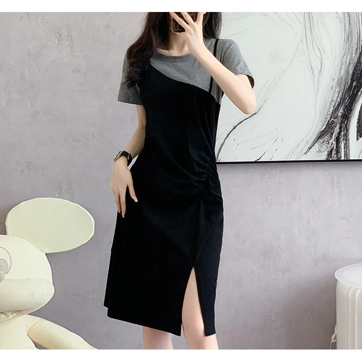 新春实拍2025夏季新款连衣裙中长款T恤裙撞色拼接假两件大码裙