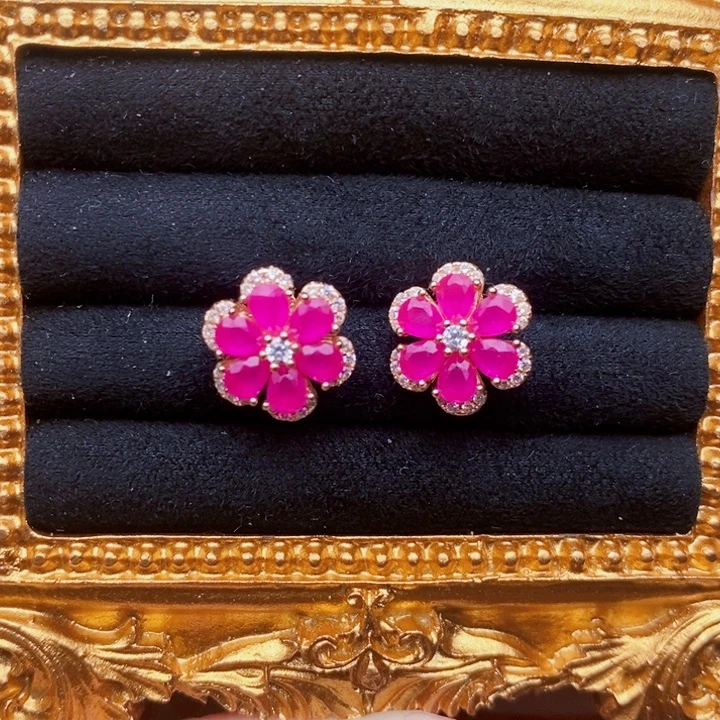 红宝石耳饰银S925镶嵌