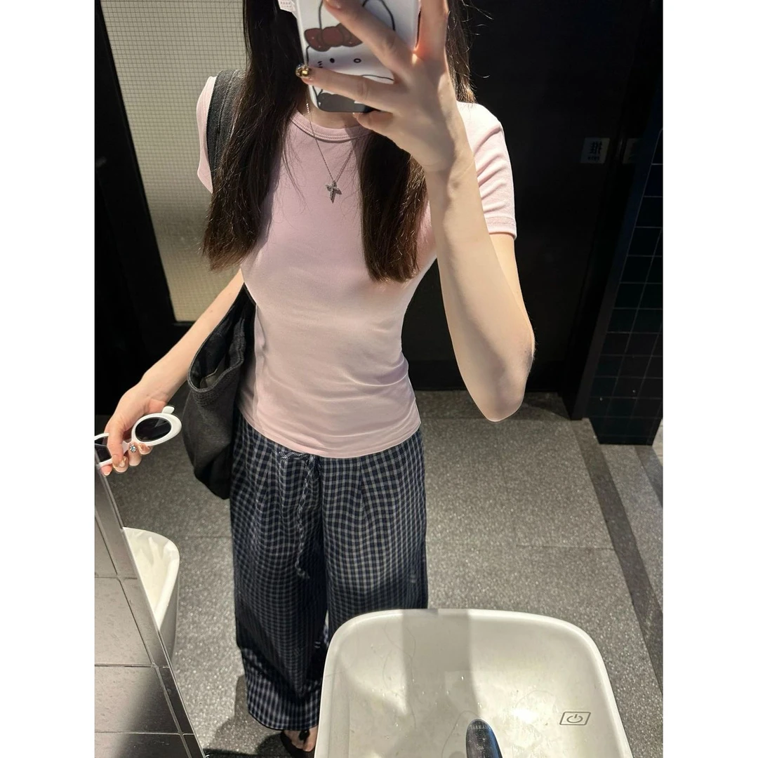 简约通勤短袖t恤女夏季修身显瘦百搭粉嫩少女感韩系小个子上衣服