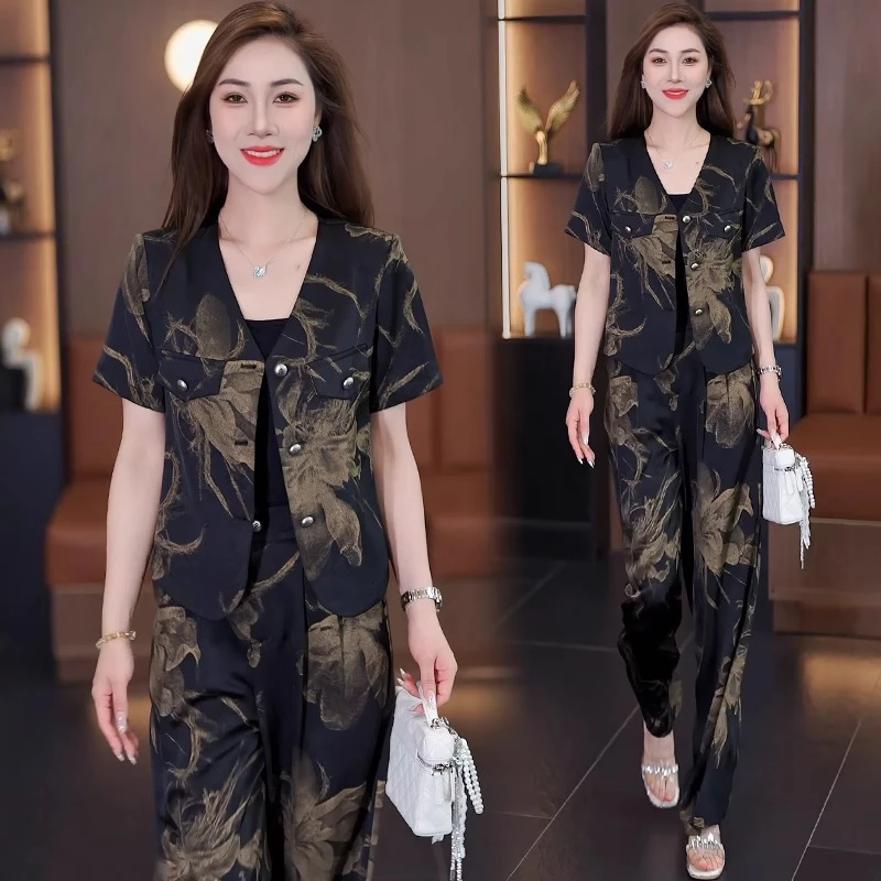 时尚套装女2025夏季新款洋气显瘦减龄开衫短袖上衣阔腿裤两件套潮