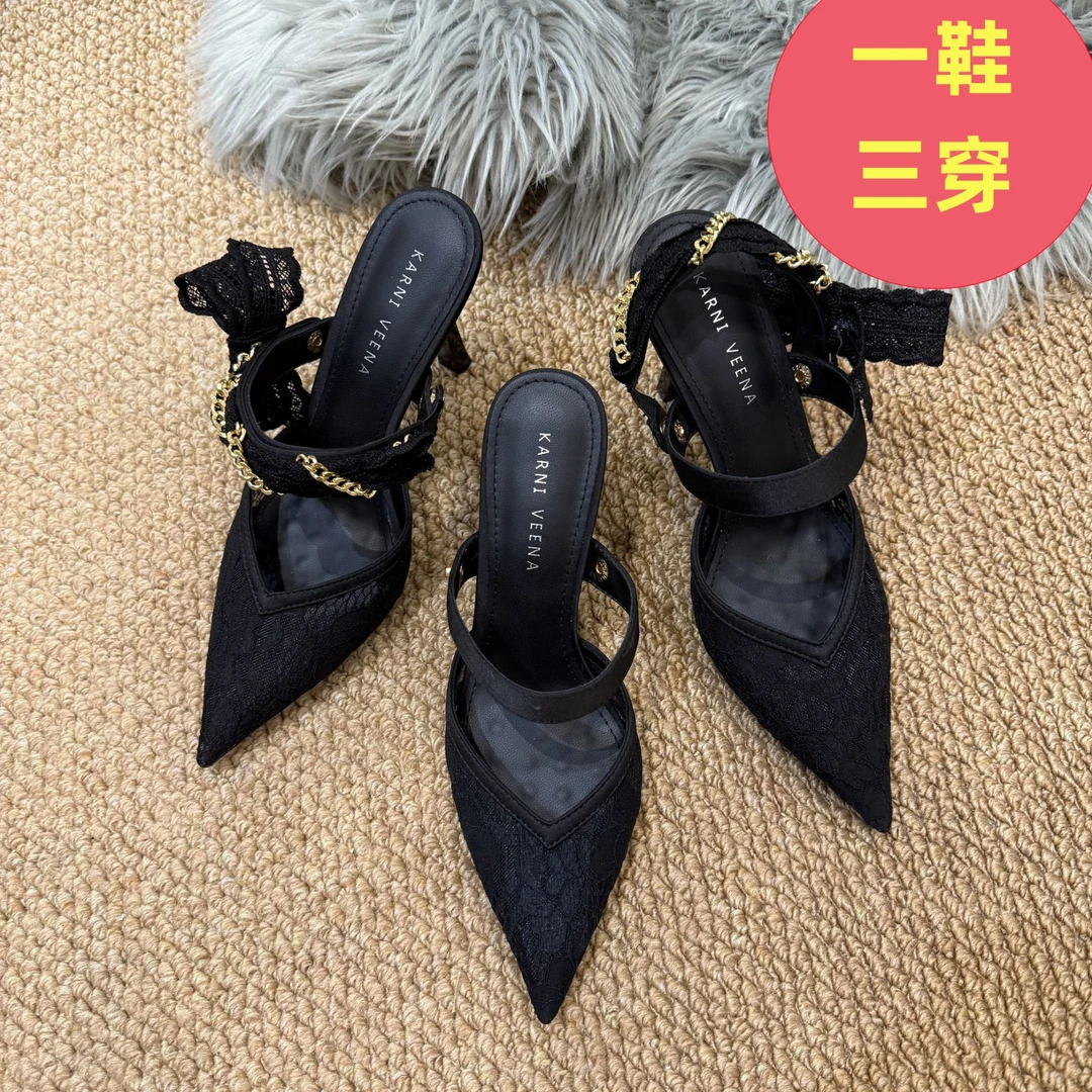 {一鞋三穿}2025早秋新款黑色蕾丝尖头高跟鞋细跟包头凉鞋女拖鞋