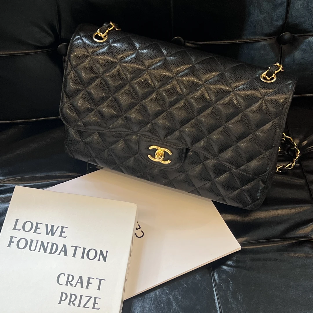 99新 Chanel/香奈儿 CF大号黑金jumbo荔枝牛单肩斜挎包 26开
