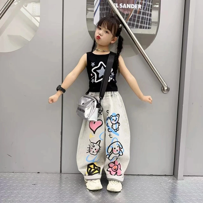 2025新款夏季涂鸦儿童裤子女童弯刀阔腿裤外穿韩系小童背心套装