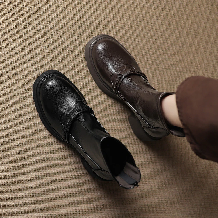 圆头粗跟时装靴百搭2024年新款后拉链女绒面2024年冬季新款