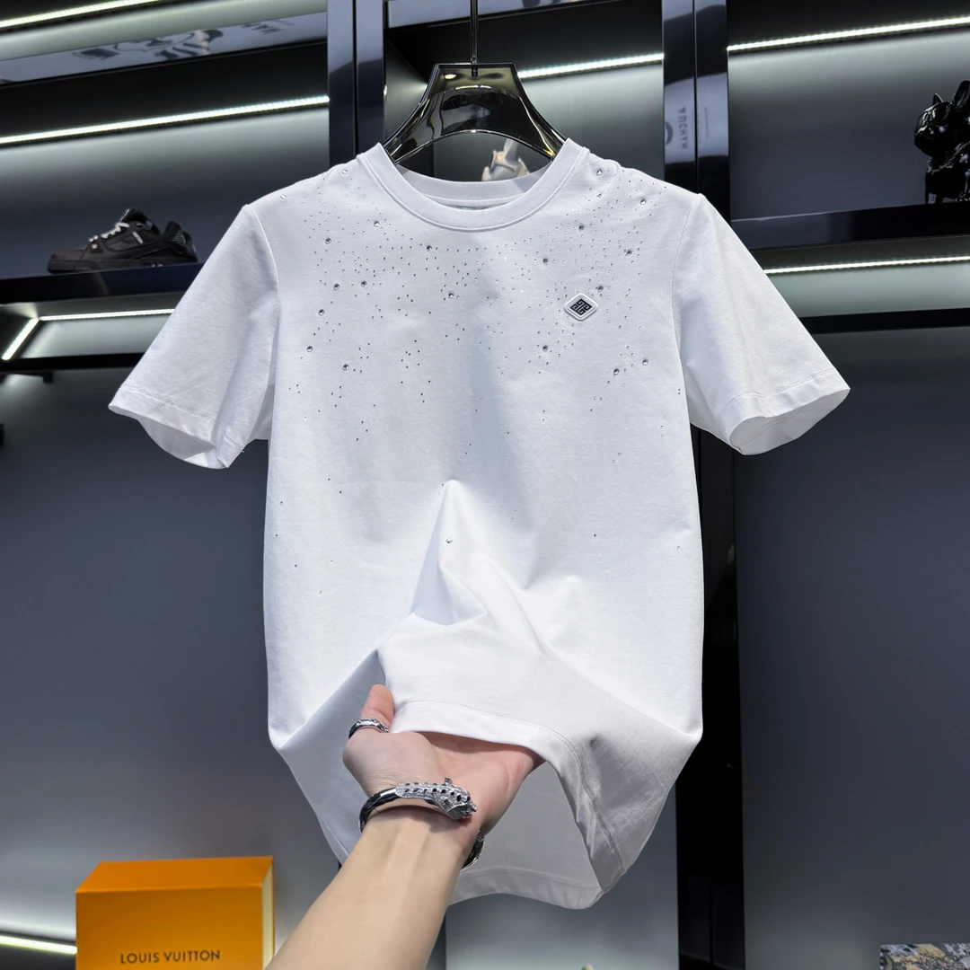 泰维肯戈重工烫钻丝光棉短袖t恤男士休闲百搭夏季潮牌修身半袖男