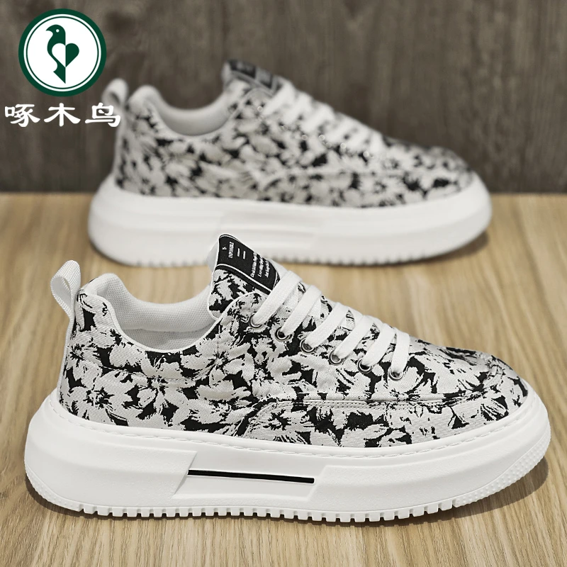 【正品】啄木鸟男鞋夏季透气百搭休闲帆布鞋男士时尚一脚蹬运动板鞋
