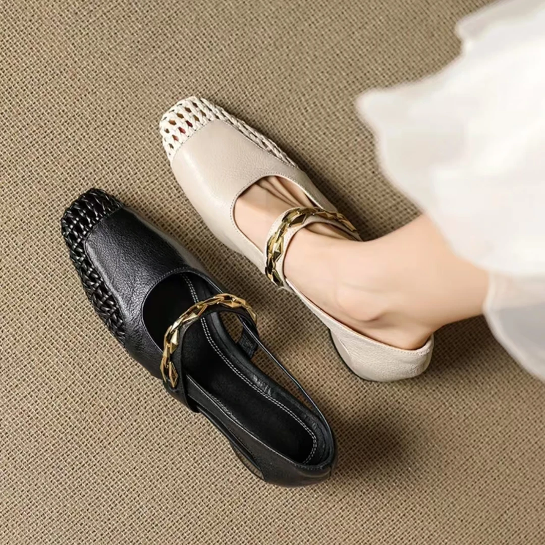 【品牌力荐】新款包头真皮法式复古单鞋浅口编织镂空鞋5892