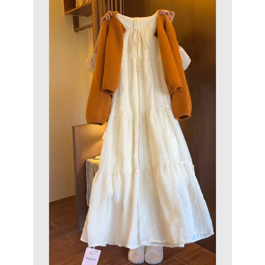 美拉德白色连衣裙外搭针织开衫小香风套装女2025新款爆款早秋穿搭