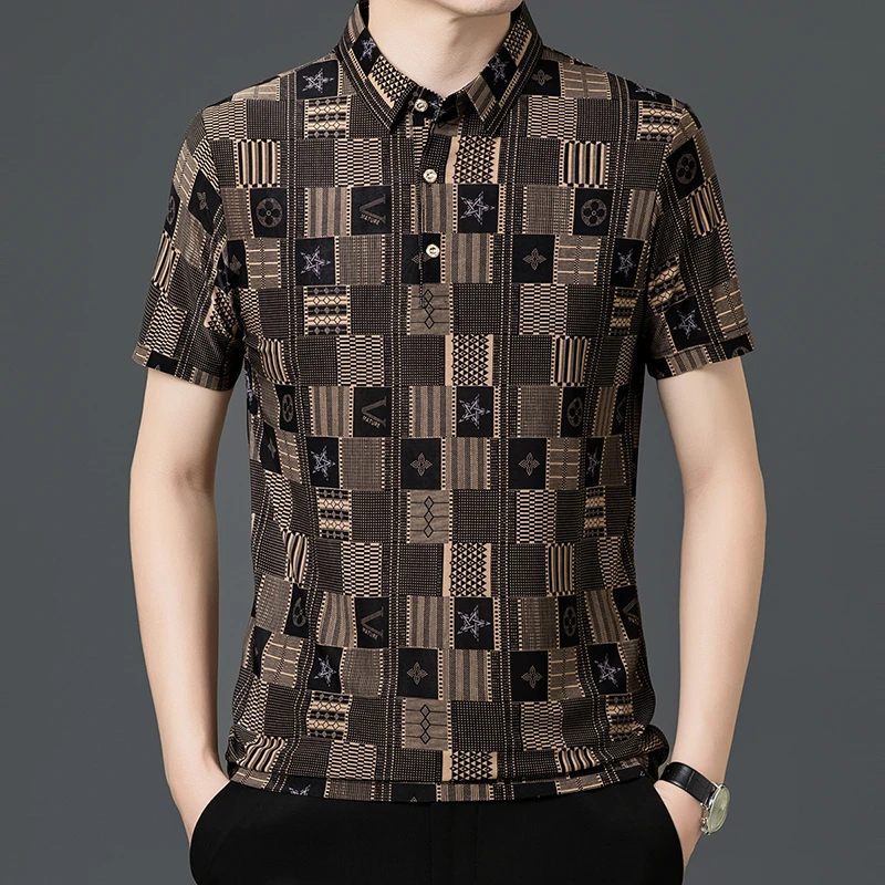 薄宽松polo中年男冰丝中国风短袖衬衫男士碎花衬衣半袖翻领爸爸装