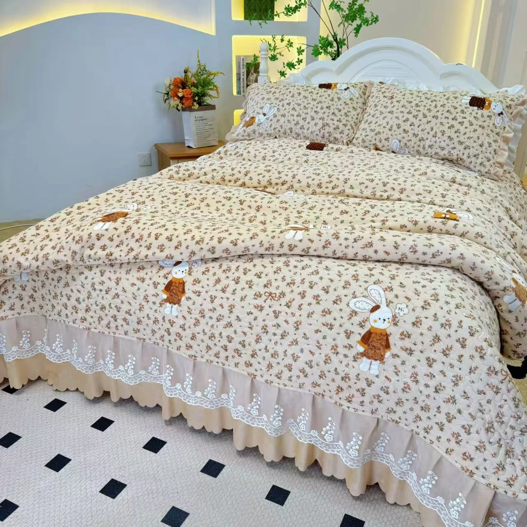 秋冬新款加厚保暖宝宝绒【床盖四件套】被套枕套蕾丝床裙床品套件J