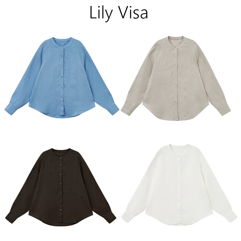 【Lilyvisa】100%亚麻小圆领衬衫初秋长袖休闲百搭温婉大方衬衫