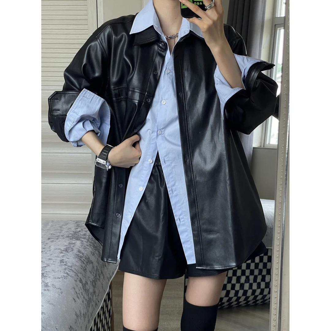 【热销】黑色皮衣女2025秋冬新款宽松显瘦简约机车风pu皮夹克衬衣外