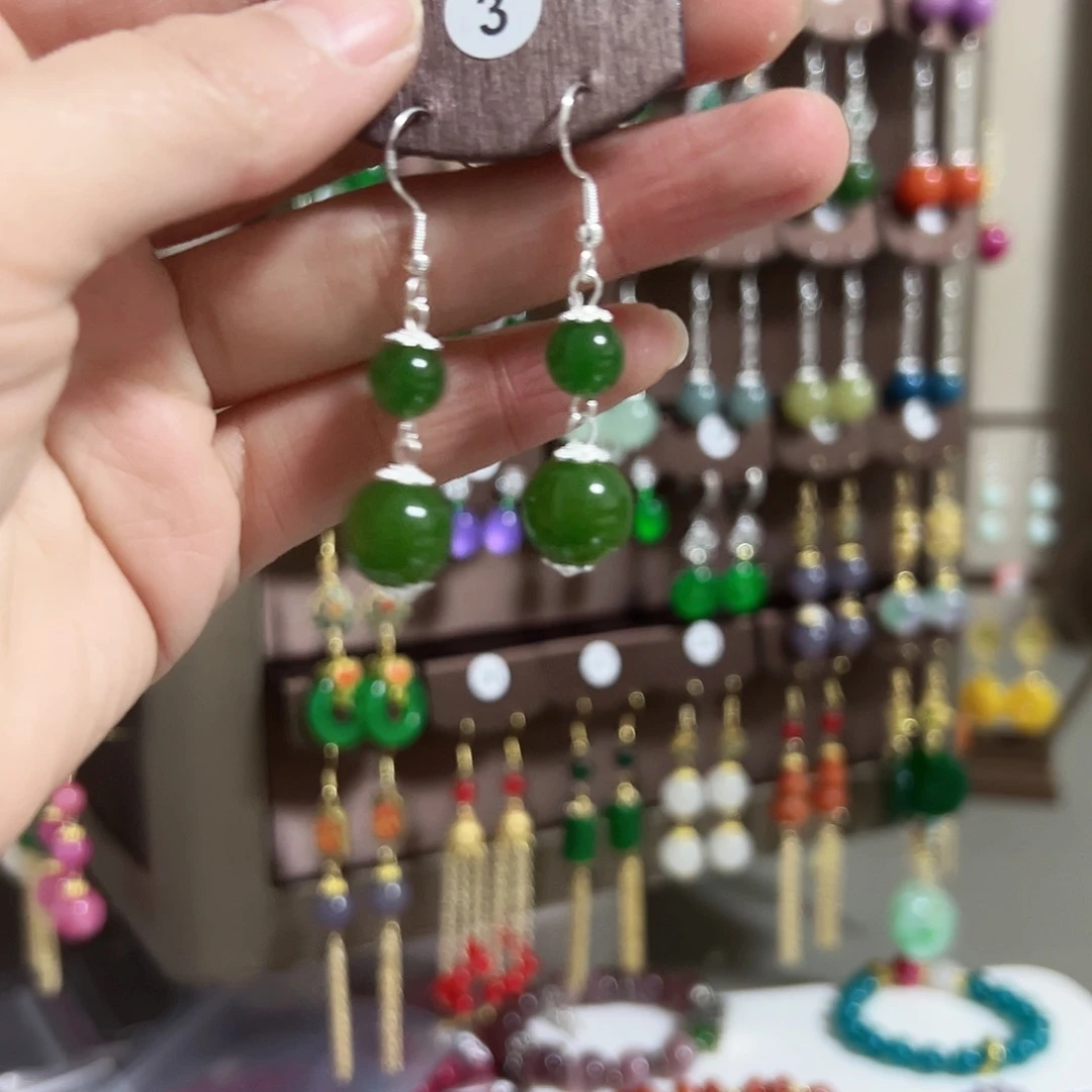 银S925镶嵌耳钉玛瑙/玉髓绿色