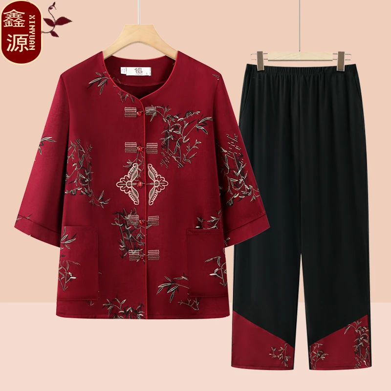 中老年女装老年人夏装女老人衣服妈妈装老太太衬衫奶奶装短袖套装