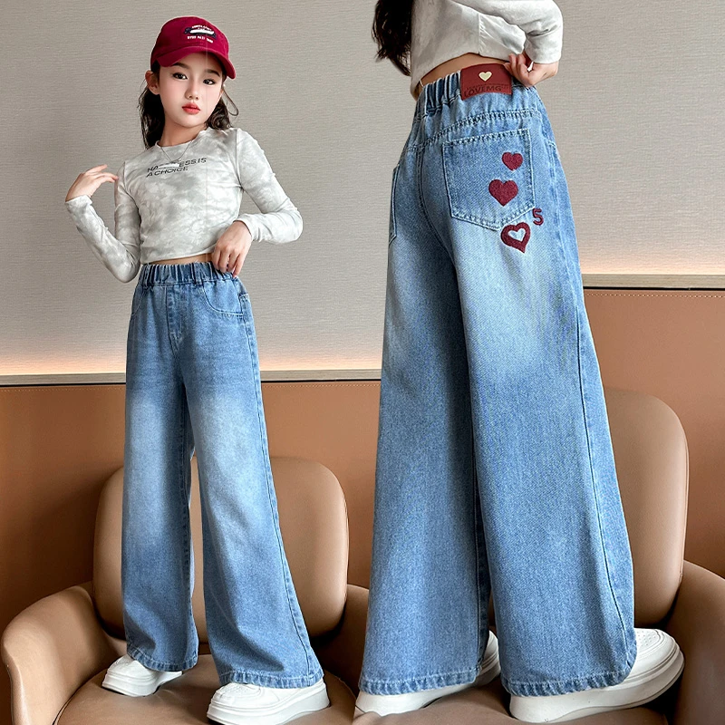 女童裤子春秋装春款洋气儿童中大童直筒休闲女孩牛仔裤宽松阔腿裤