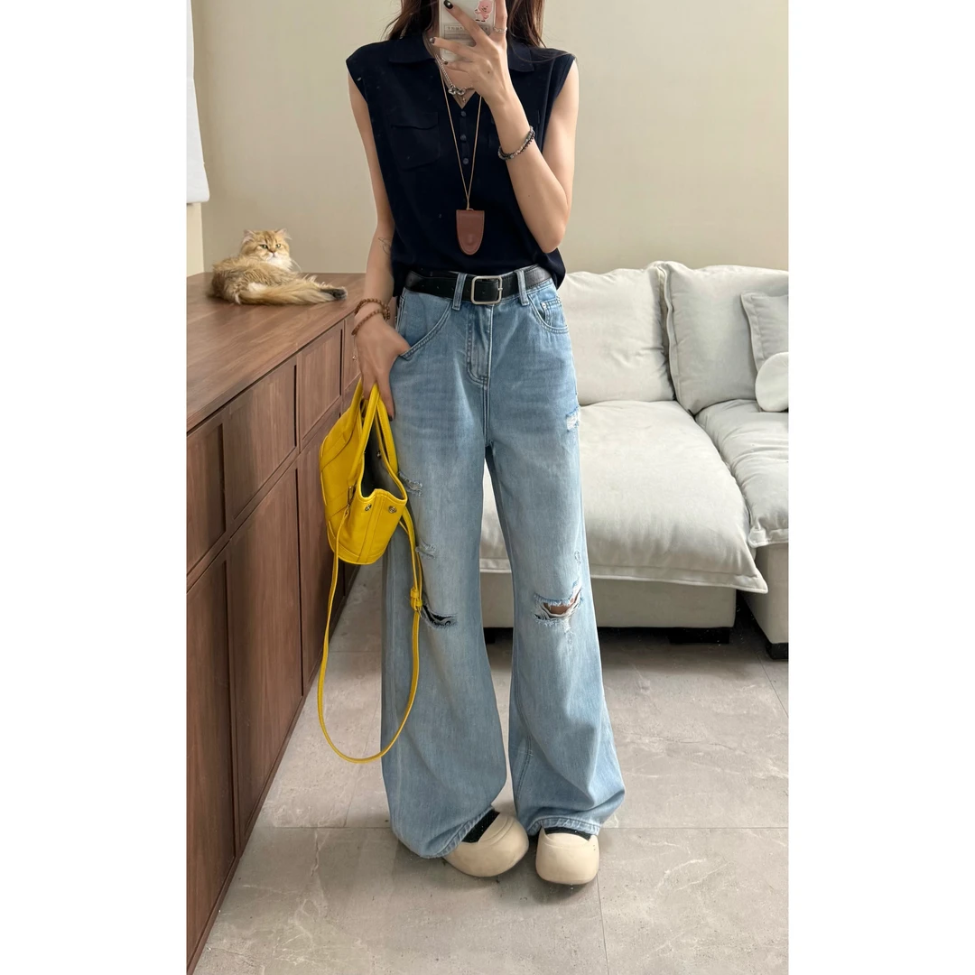 【清仓款】薄款阔腿裤女长裤牛仔裤高腰夏季复古百搭通勤风