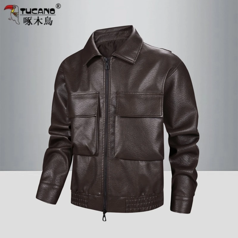 啄木鸟春秋新款PU皮衣男骑行机车皮夹克美式复古怀旧韩版休闲宽松