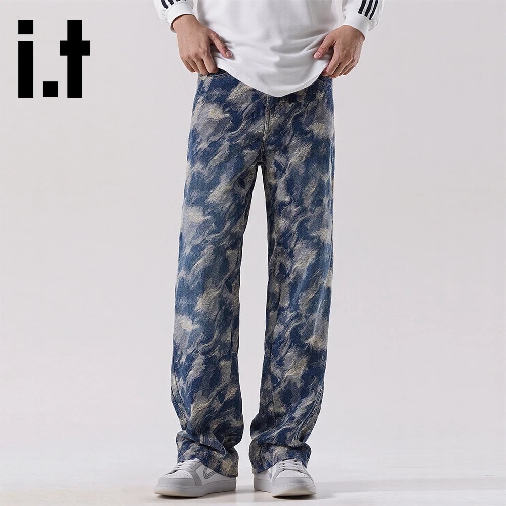 it:CHOCOOLATE个性美式潮流扎染高街牛仔裤秋季新款宽松直筒长裤