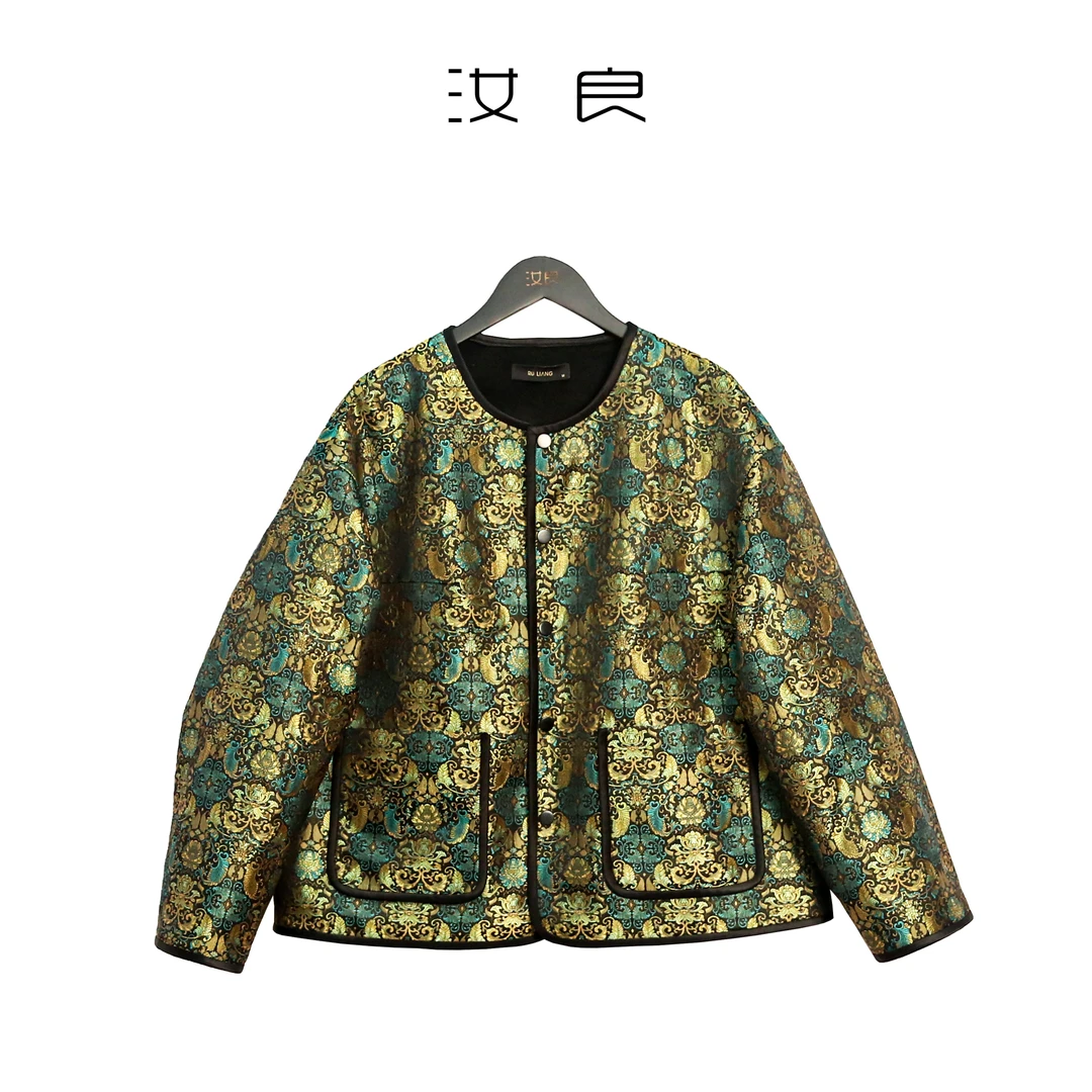 莲纹锦玄金圆领长袖短外套