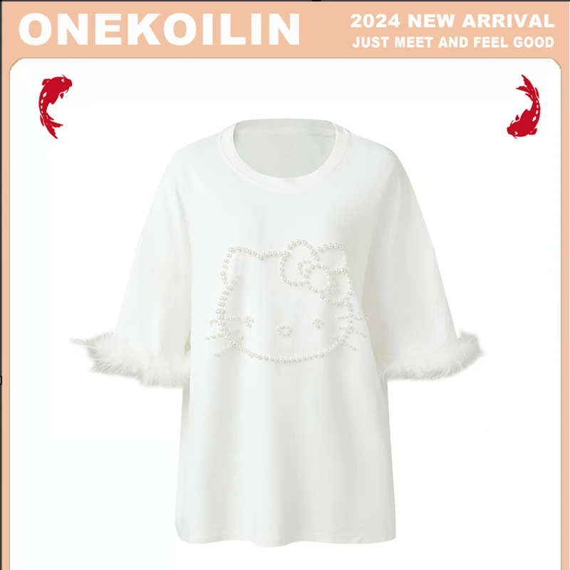 OneKoilin 设计师款kt猫重工钉珠羽毛大版T KTMT