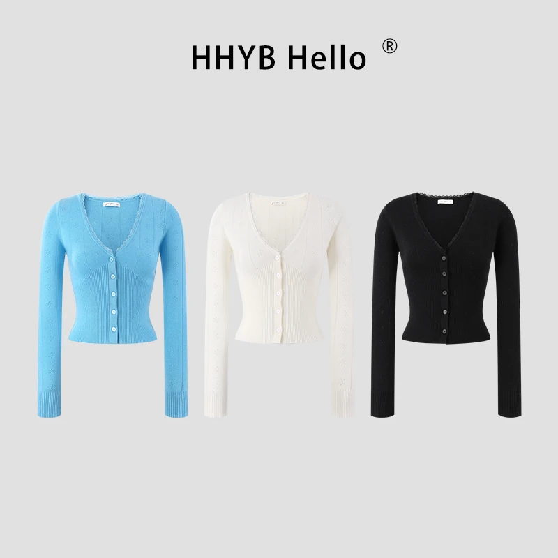 HHYB Hello百搭v领针织开衫女装短款慵懒温柔镂空外搭小上衣M1197