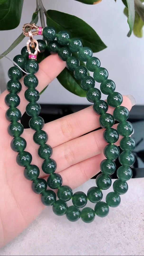 天然翡翠A货冰种蓝水蓝色冰透圆珠项链珠链卡10mm玉石色好高档