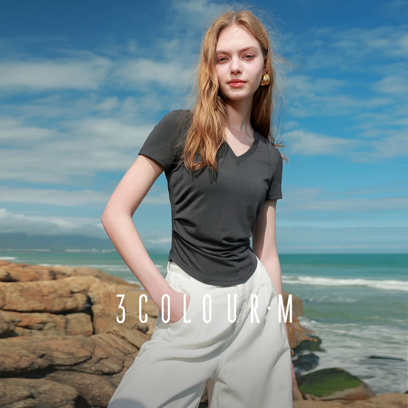 三彩2025夏季新款莫代尔T恤V领正肩短袖弧形下摆修身显瘦M