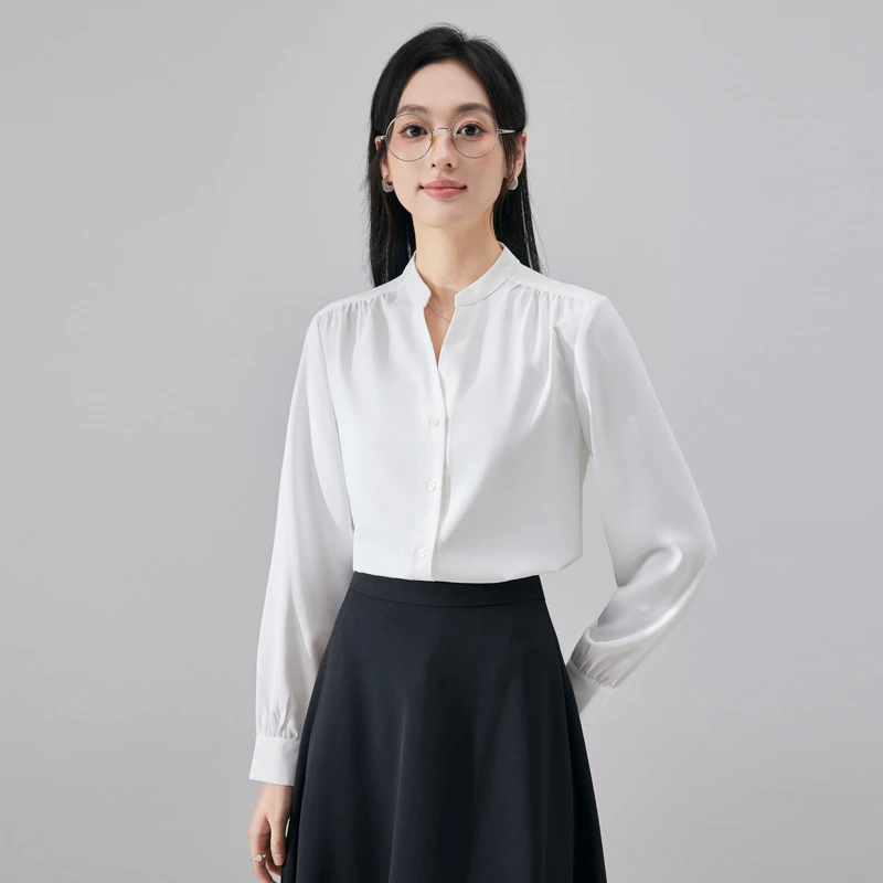 白衬衫女V领衬衣春秋季设计感小众内搭通勤职业正装长袖上衣1846