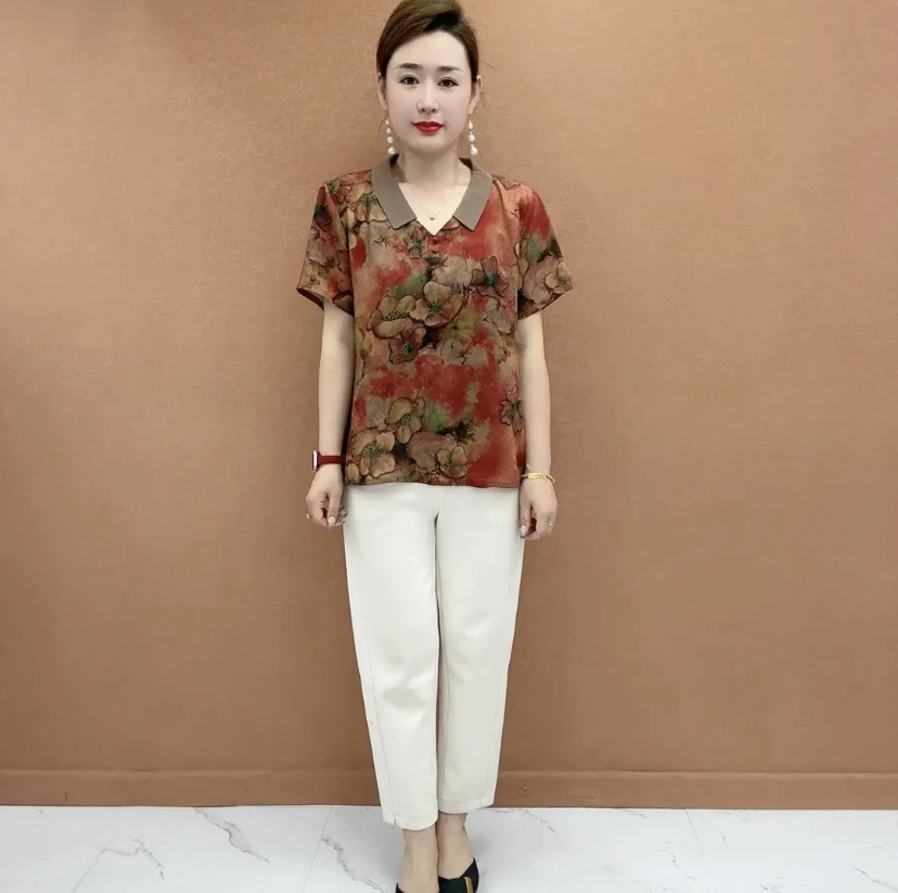 夏季薄款中老年女装印花遮肚妈妈小衫显瘦洋气休闲气质上衣