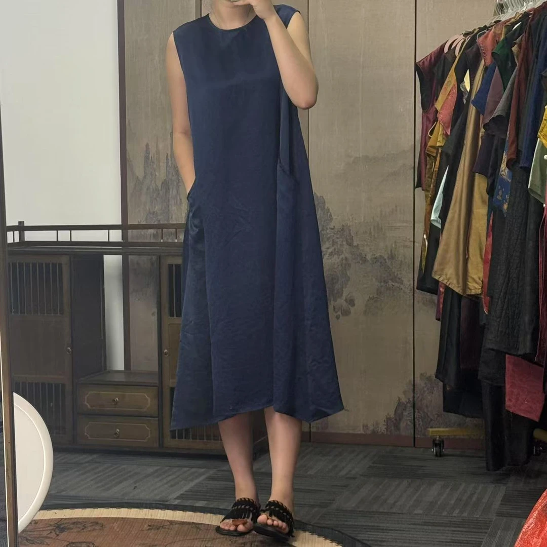 100桑蚕丝！蓝龟缎设计师款背心裙