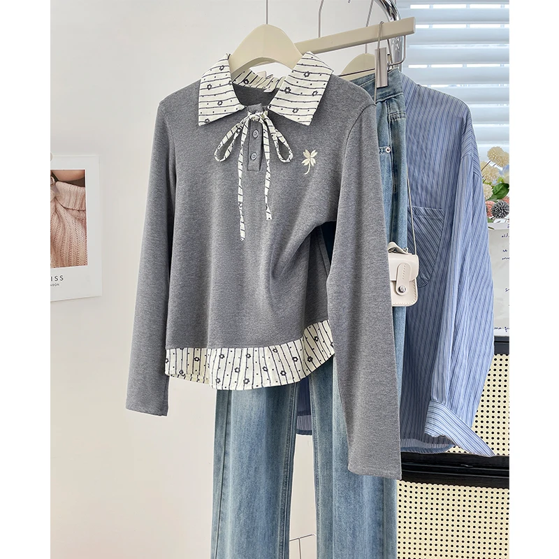 减龄学院风polo领假两件系带长袖T恤秋冬小众刺绣宽松百搭打底衫