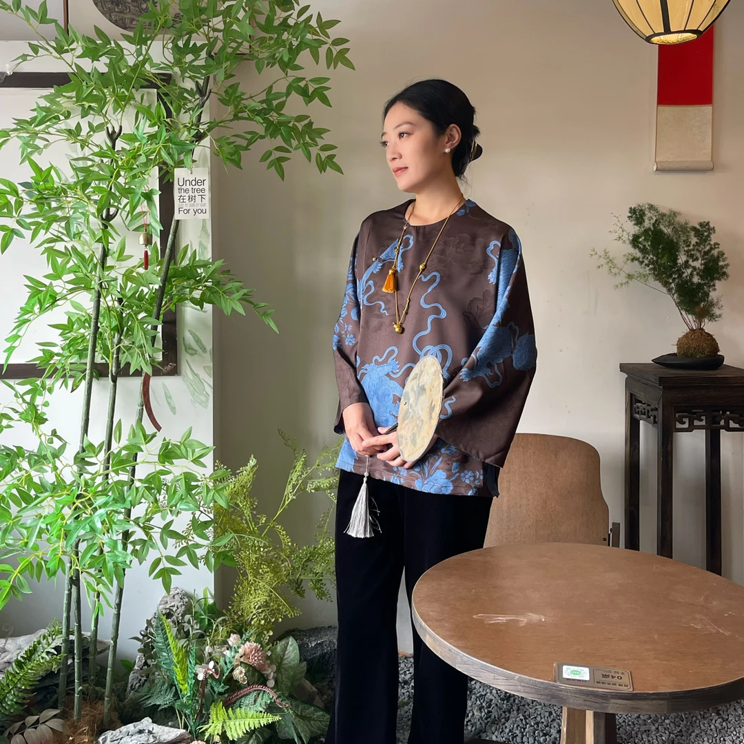 NIUNIU新中式麒麟绣球牡丹提花斜襟宽松国风上衣
