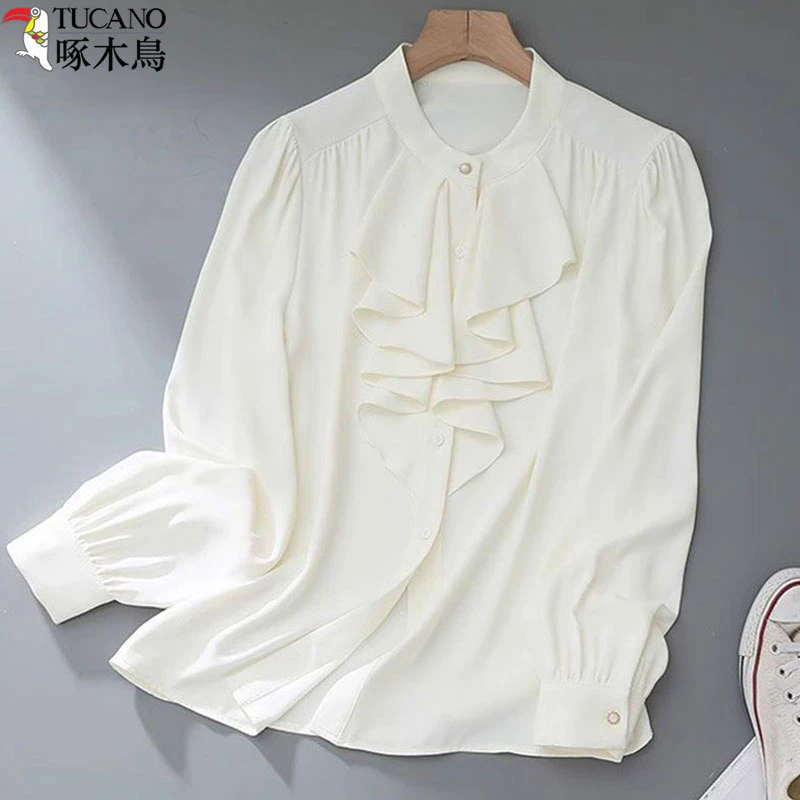 TUCANO/啄木鳥新款白色衬衣女秋季新款气质荷叶边雪纺垂感上衣
