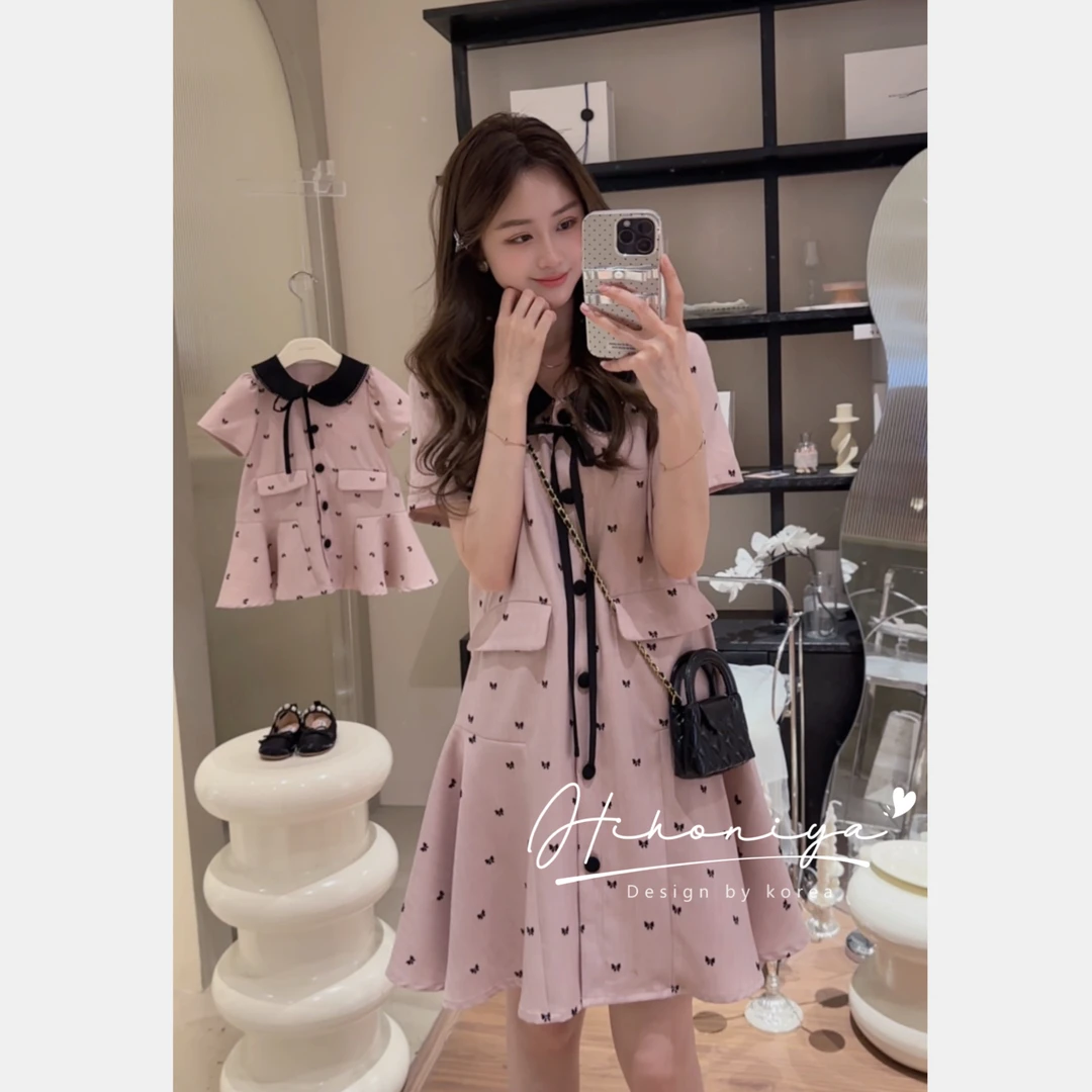 【粉雾甜果】三Hihoniya~2024夏季显瘦亲子蝴蝶绑带连衣裙