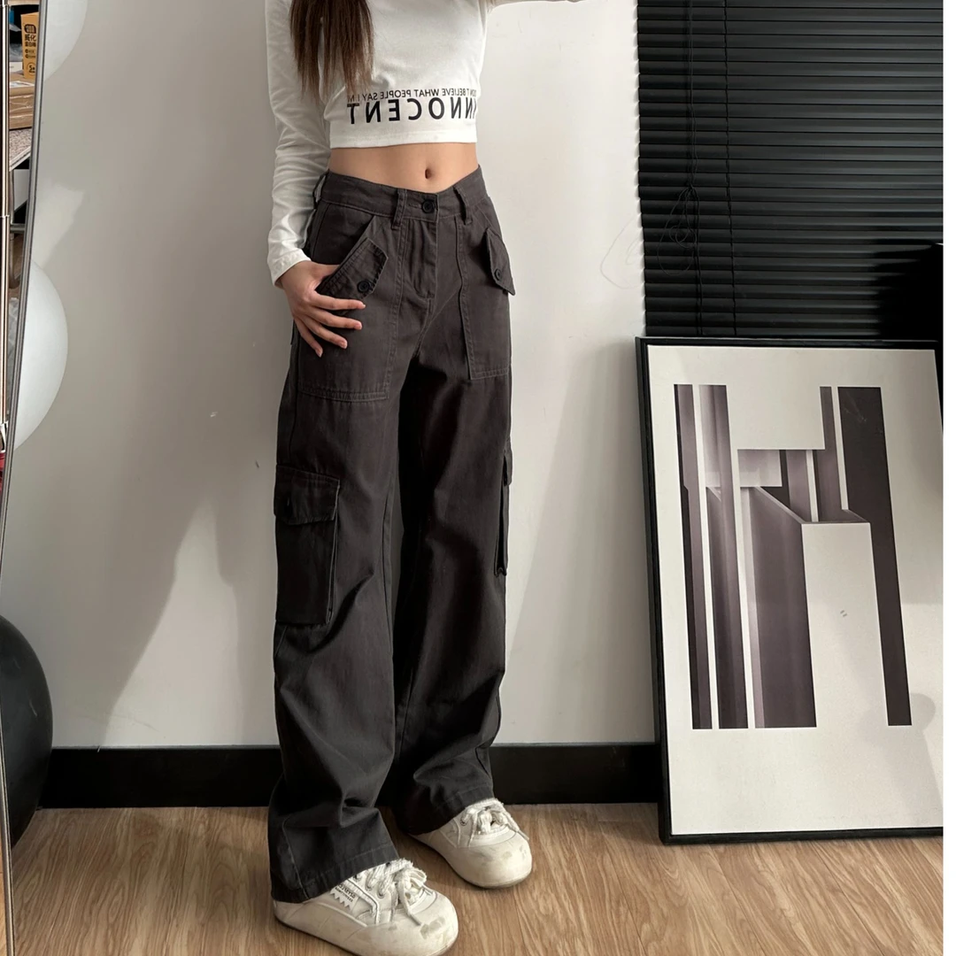 155小个子灰色高街辣妹高腰直筒工装裤女显瘦加长版拖地裤2331