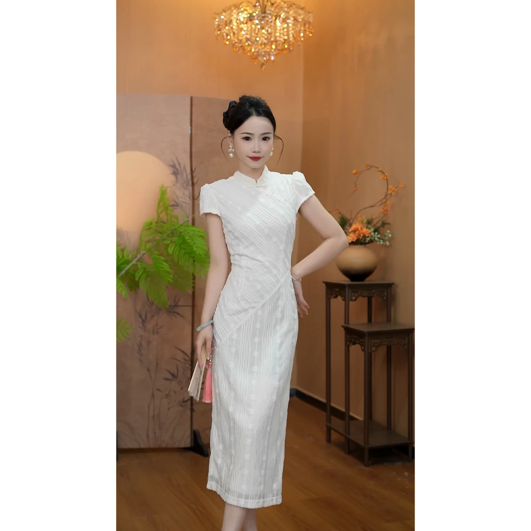 3716【冰蚕】白色蕾丝连衣裙女夏绝美新中式改良旗袍薄纱长裙