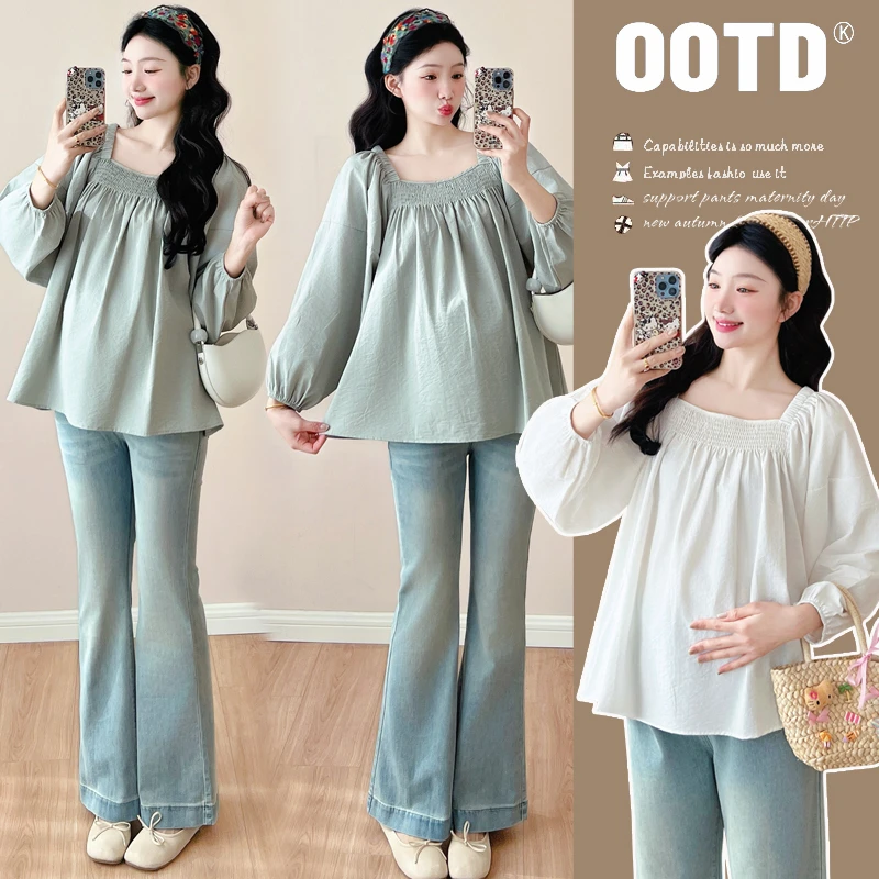 孕妇娃娃衫春季薄款时尚方领气质减龄甜美气质棉麻褶皱孕妇上衣春