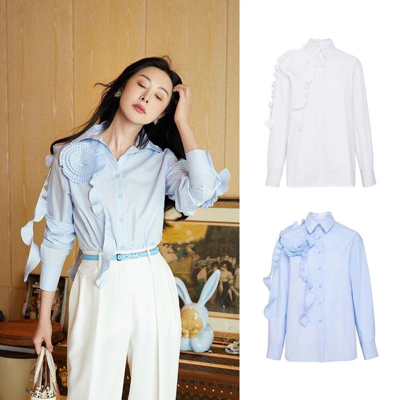TRACY CHU秋冬新品白色/蓝色出游立体手工盘花款法式风情千金衬衫
