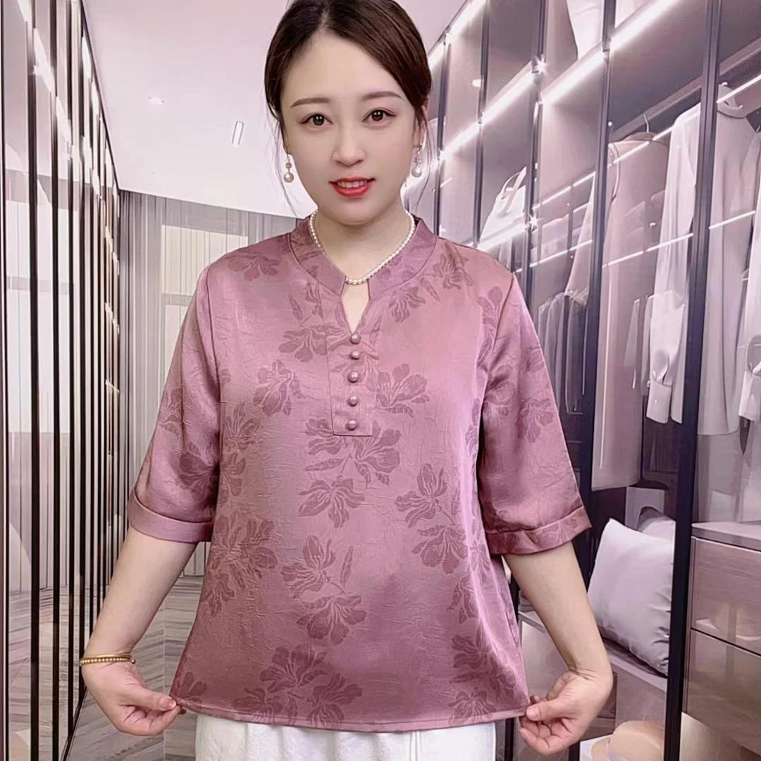 2025春季新款气质V领宽松小衫妈妈装遮肉显瘦[逸韵繁花]洋气时尚