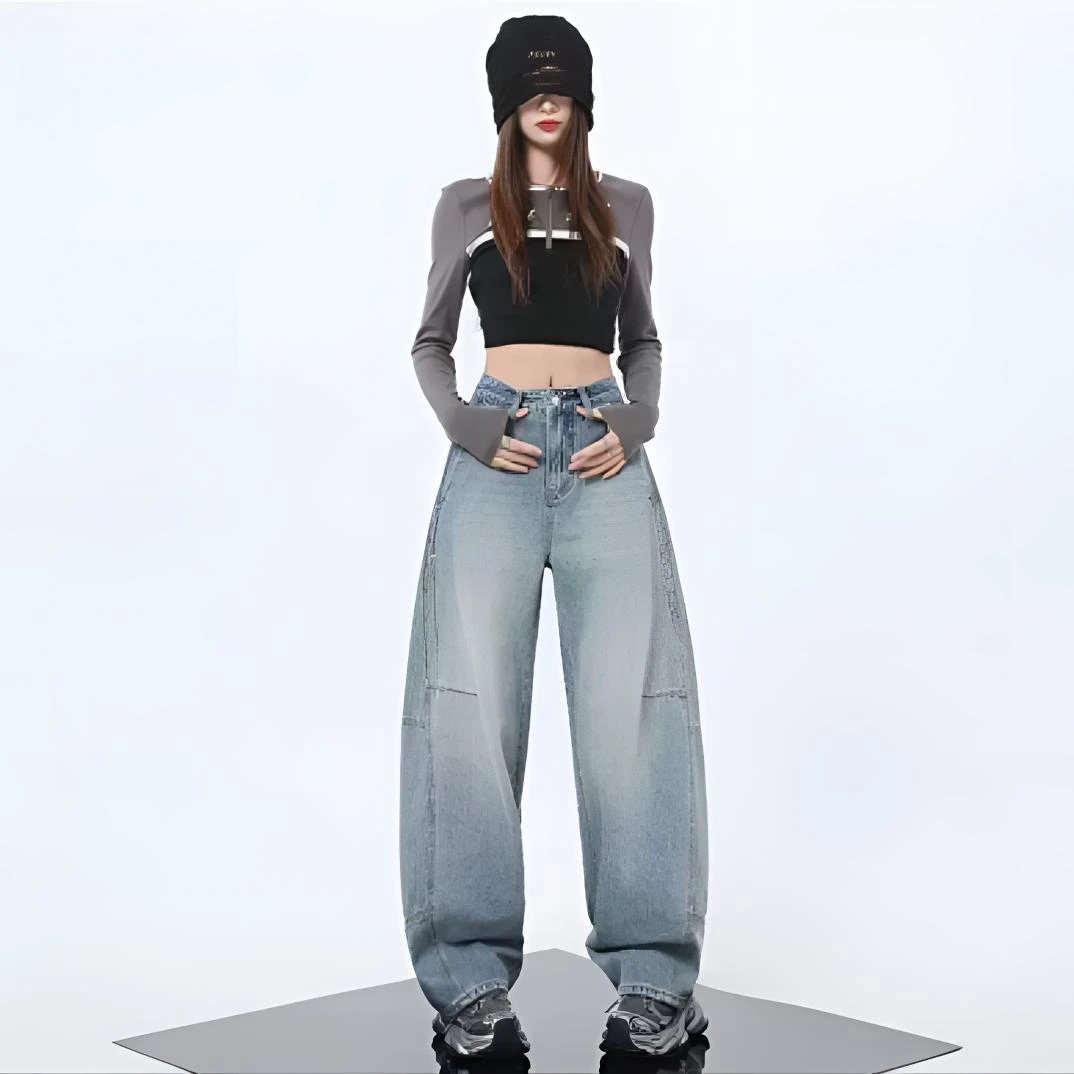 【菜类编号】断码杂款默认暇疵复古蓝牛仔裤女高腰宽松垂感阔腿裤子